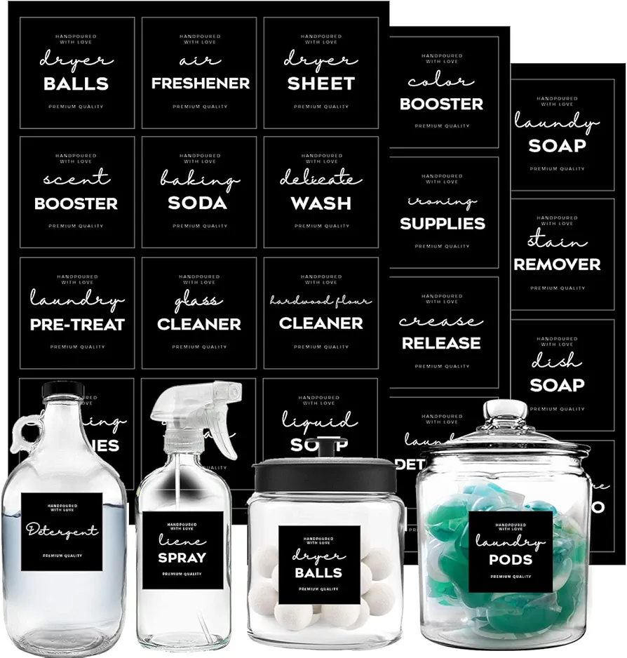 Minimalist Laundry Room Labels set, v2croft 36 Black matte stickers on Clear Canisters, Home organization Stickers for cabinet & drawer, laundry room, linens & cleaning supplies(Water Resistant) …