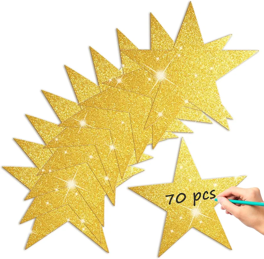 70Pcs Glitter Star Cutouts 6 Inch Gold Paper Star Confetti Cutouts Cardboard Stars Decoration for Bulletin Board Christmas Wedding Movie Night Classroom Wall Party Decoration Supply (70pcs)