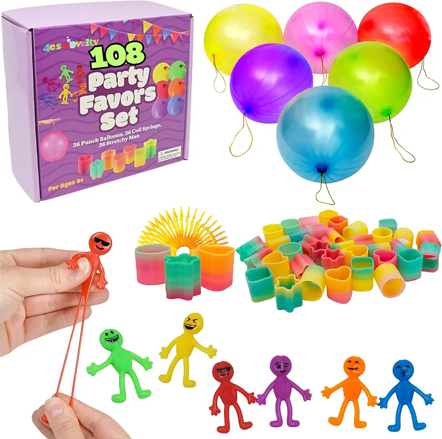 4E's Novelty 108 Pcs Prizes, 36 Of Each, Punch Balloons, Mini Coil Spring, Stretchy Bendable Man, Birthday Party Favor Sets for Kids, Sensory Fidget Treasure Chest Prize Box Toys for Classroom