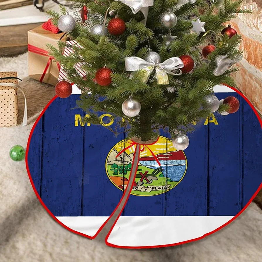 Christmas Tree Skirt 30"x30" Montana Christmas Tree Mat US History Classroom State Flag Rustic Tree Skirt Cover for Xmas Tree Holiday Decorations