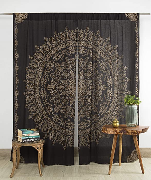 Indian Hippie Mandala Bohemian Beautiful Black Gold Window Drapery Curtain Bedroom Living Room Balcony Valance Panels