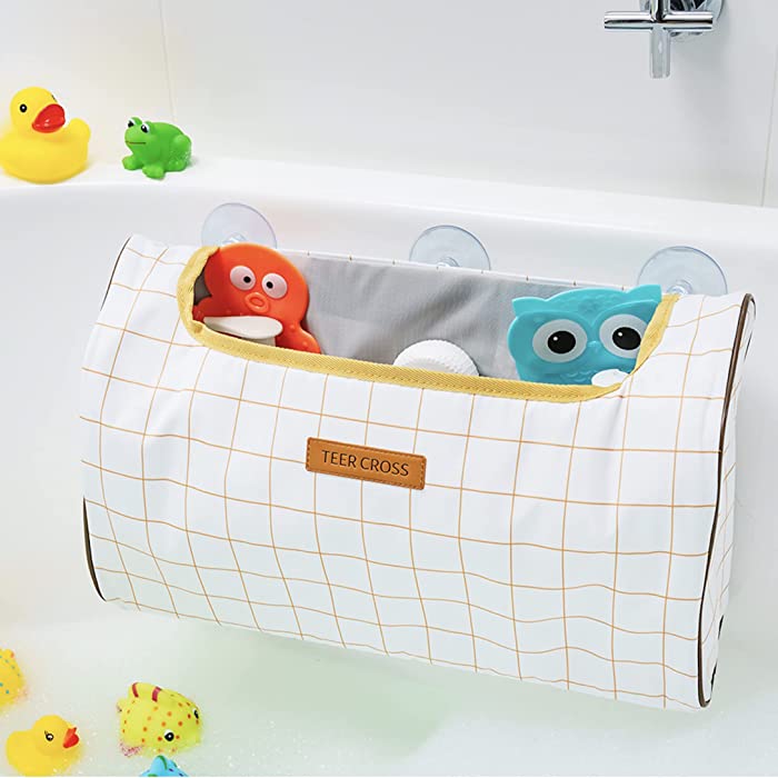 Large Bath Toy Storage with A Quick Dry Mesh Base. Sturdy Bath Toy Holder with 3 Strong Suction Cups. The Bath Toy Organizer Keeps Your Bathroom Tidy. Bathtub Toy Holder (Golden Check)