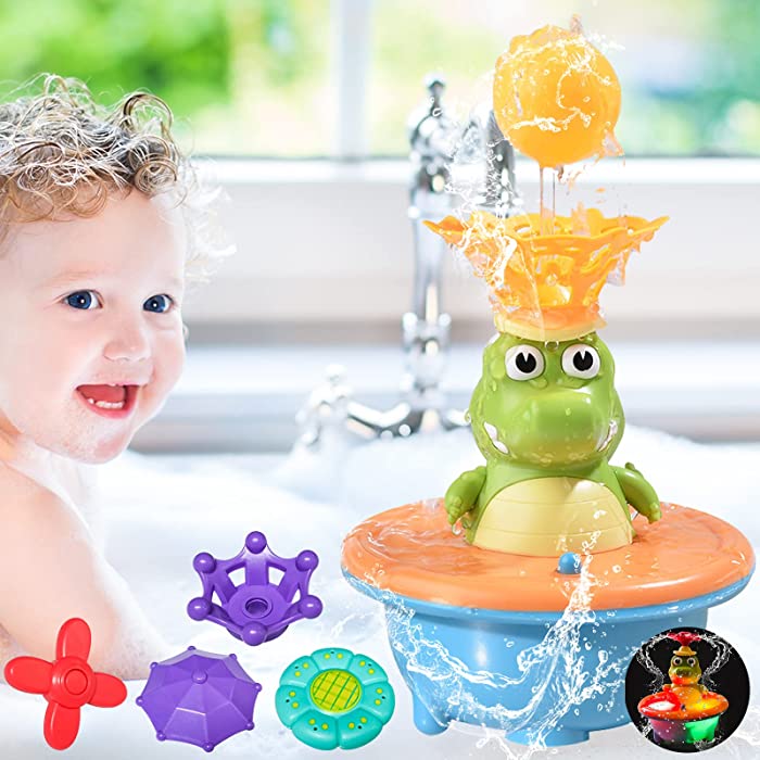 Crocodile Bath Toys for Toddlers 3+, Fountain Baby Bath Toys with 5pcs Modes Spray Water Floating Balls, Spray Water Light Up Bath Toys, Spinning Sprinkler Kids Bathtub Toys for Swimming Pool