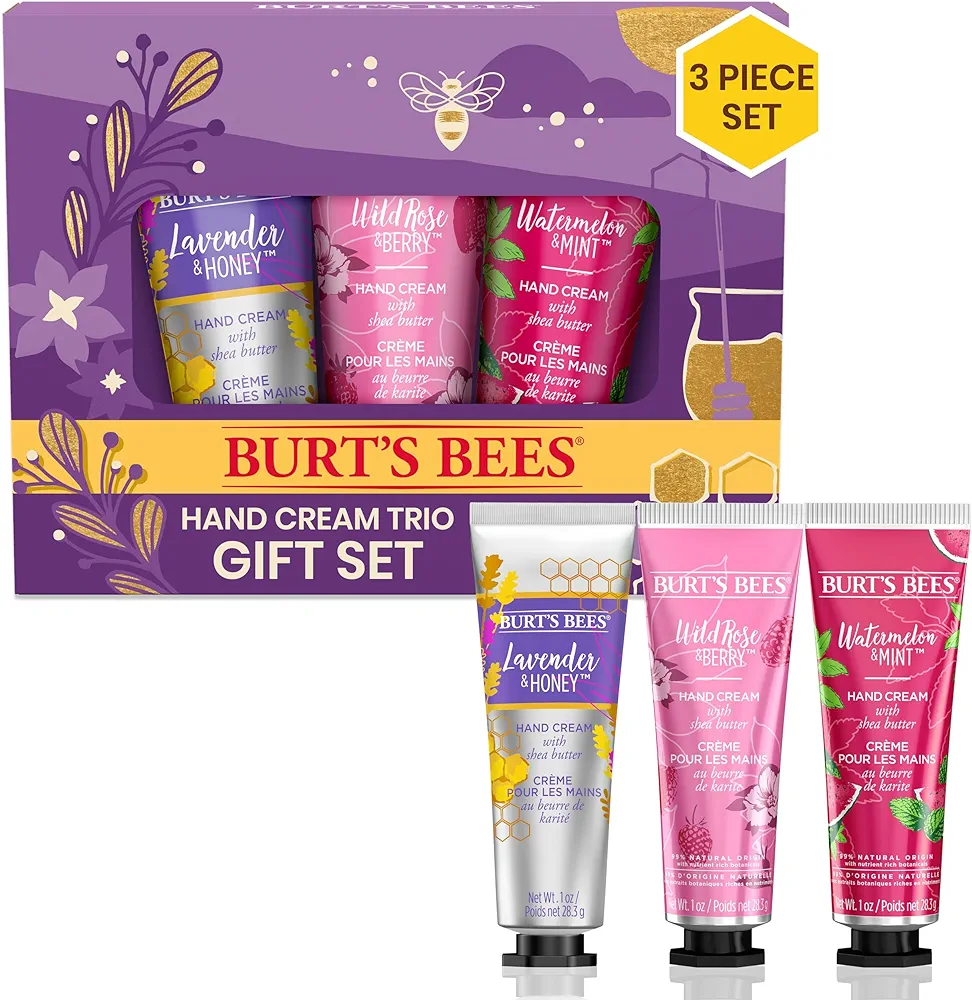 Burt's Bees Christmas Gifts, 3 Body Skincare Stocking Stuffers Products, Shea Butter Hand Cream Trio Set - Lavender Honey, Watermelon Mint & Wild Rose Berry (3-Pack)