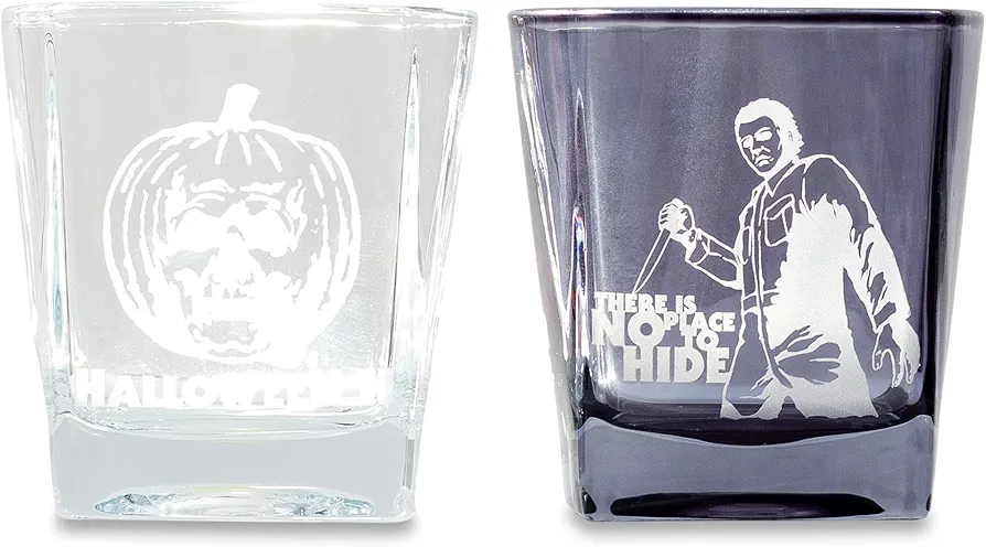 Silver Buffalo Halloween II Michael Myers Etched Rocks Glasses, Set of 2 | Home Barware For Liquor and Beverages | Each Holds 9 Ounces