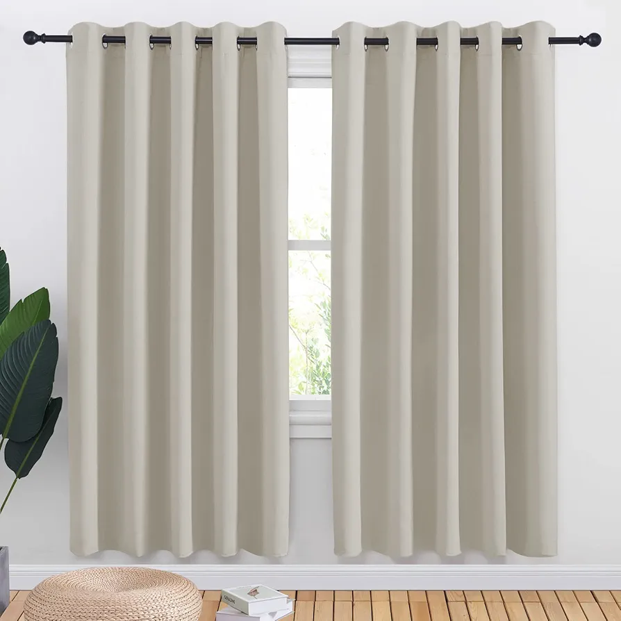 NICETOWN Natural Blackout Draperies Curtains for Kids Room, Window Treatment Thermal Insulated Solid Grommet Blackout Drape Panels for Bedroom (Set of 2, 70 by 72 inches)