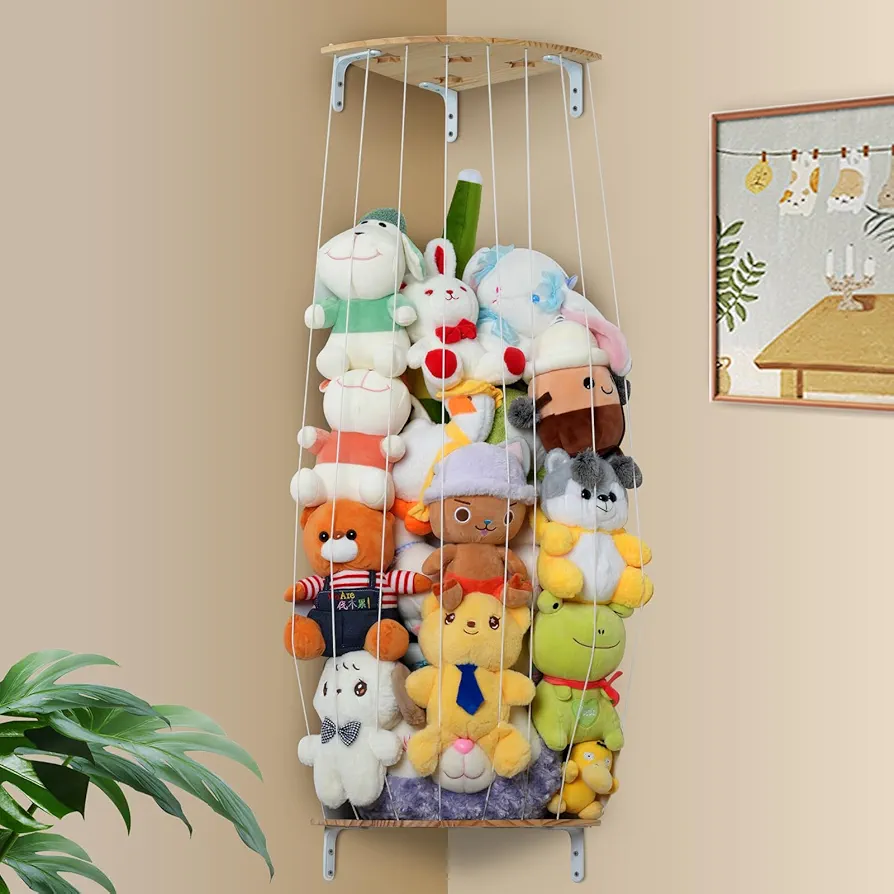 Kids Stuffed Animal Storage, Wood Floating Corner Wall Mounted Shelves for Kids Room, Adjustable Length Corner Wall Shelf Toy Organizer Kids Furniture for Bedroom