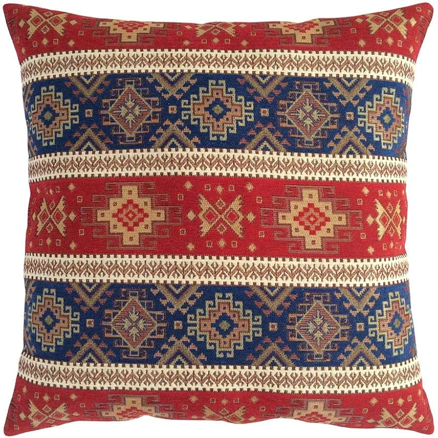 Decorative Throw Pillow Covers Kilim Red and Blue - 20 x 20 Inches Large Outdoor Pillows, Middle Eastern Room Decor for Couch, for Window Seat, Aztec, Turkish