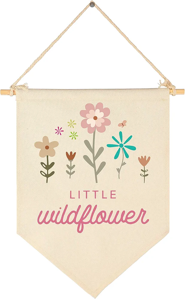 Little Wildflower-Canvas Hanging Pennant Flag Banner Wall Sign Decor Gift for Nursery Bedroom Playroom Front Door Baby Kids Girl Boy Teen- Birthday Christmas Present