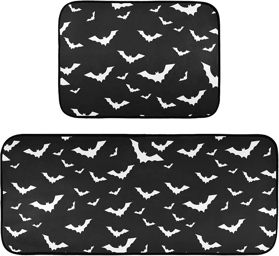 Halloween with Bats Kitchen Rug Set of 2, Washable Non-Slip Anti Fatigue Distressed Comfort Memory Foam Rubber Backing Rug for Kitchen Floor Living Room Bedroom Bathroom Laundry Room