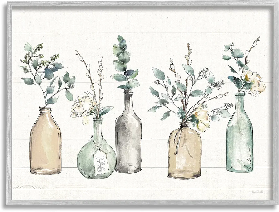 Stupell Industries Bottles and Plants Farm Wood Textured, Design by Anne Tavoletti Wall Art, 11 x 14, Multi-Color for Living Room, Grey Framed