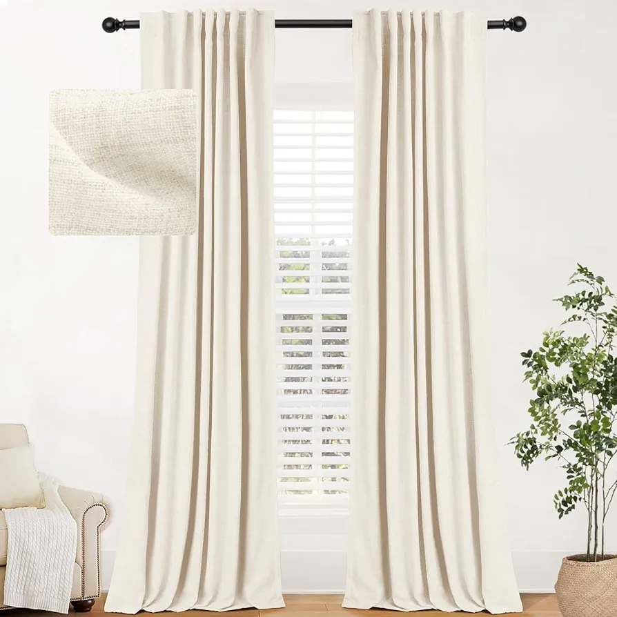 INOVADAY 100% Blackout Curtains for Bedroom 63 Inches Long 2 Panels Set, Back Tab/Rod Pocket Faux Linen Blackout Curtains, Thermal Insulated Darkening Drapes for Living Room, 52''W x 63''L, Cream