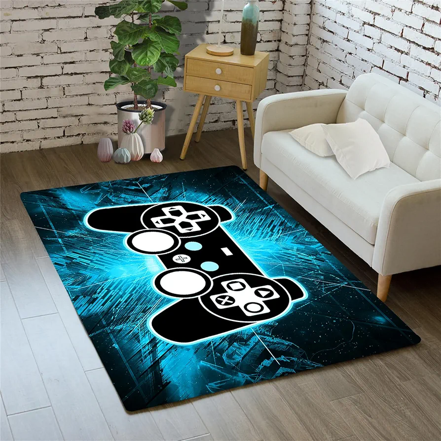 Blue Gaming Rug for Boys Bedroom Soft Controller Gamepad Carpets Small Size Dining Living Play Bedroom Gamer Room Decor Player Boys Gifts Indoor Outdoor Flannel Doormats Floor Sofa Mat, 35"x23"