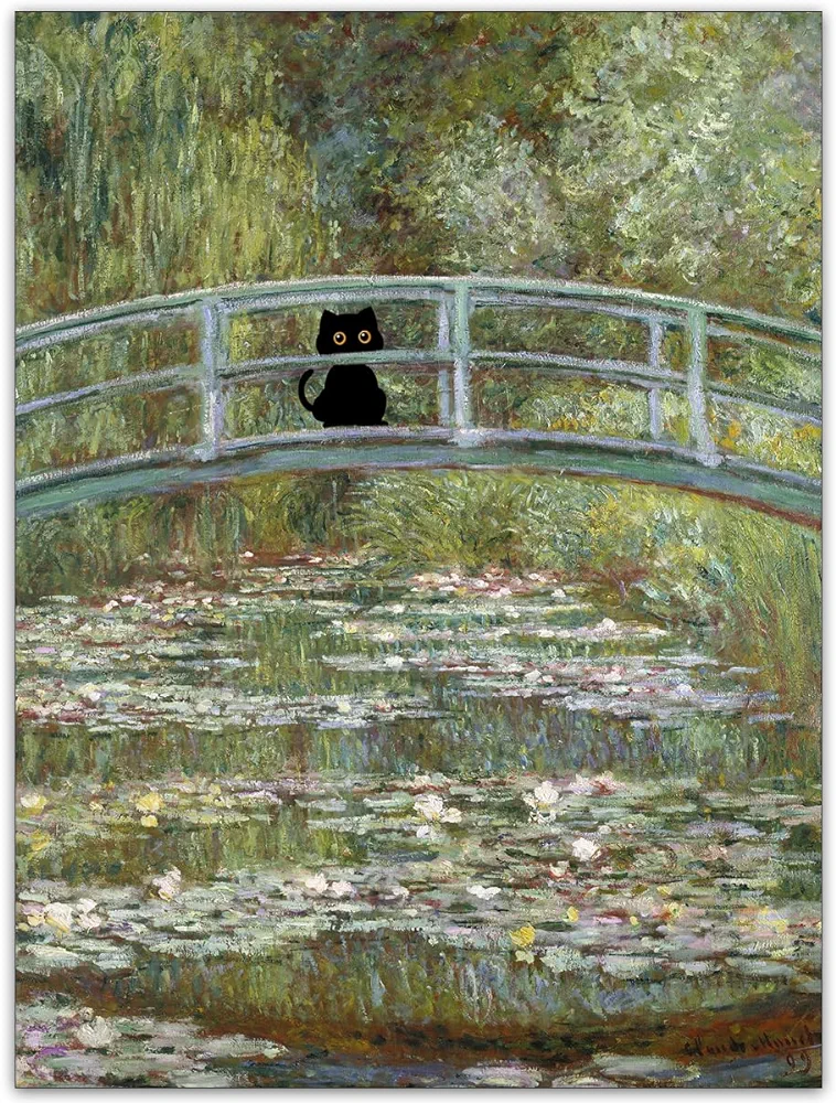 CAXIYSH Monet Water Lily Cat Poster Vintage Black Cat Wall Art Funny Canvas Picture Famous Oil Paintings Art Prints for Aesthetic Room Wall Decor 12x16 inch Unframed