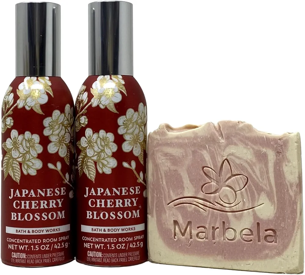 Bath and Body Works 2 Pack Japanese Cherry Blossom Concentrated Room Spray with a Marbela Sample Soap