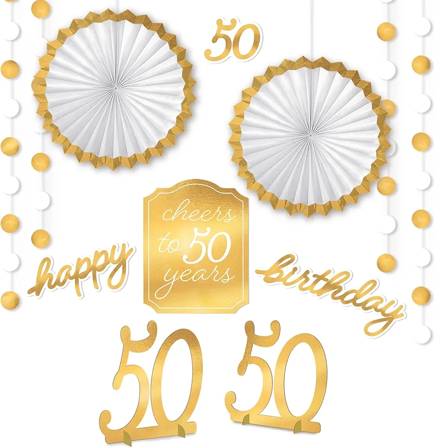 Luxurious Golden Age "50th" Birthday Room Decor Kit - Dazzling Gold Event Decorations - Complete Party Set - Ideal for Memorable Milestone Celebration