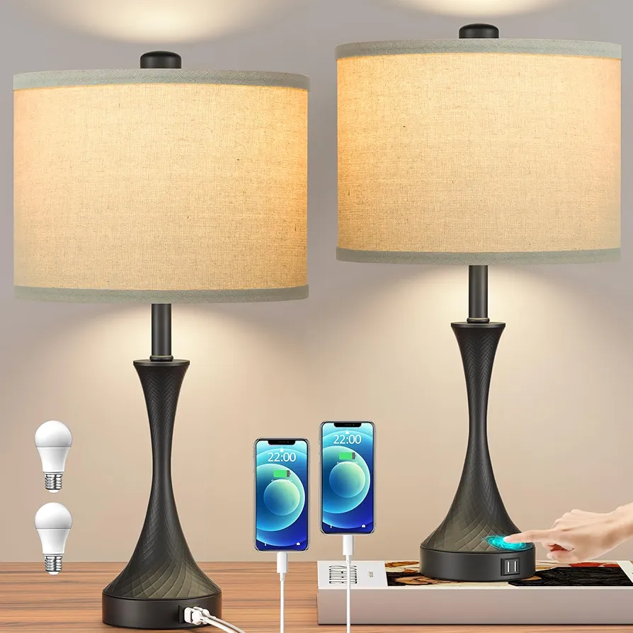 26" Farmhouse Touch Table Lamps for Bedrooms Set of 2, 3 Way Dimmable Black Bedside Nightstand Lamps with USB Ports Beige Shade, Tall Living Room End Table Lamps, Bulbs Included