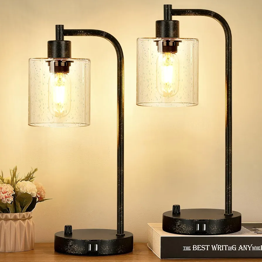 Set of 2 Industrial Table Lamps with 2 USB Port, Rustic Black Fully Stepless Dimmable Lamps for bedrooms, Bedside Nightstand Desk Lamps with Clear Glass Shade for Reading Living Room Office 2 LED Bulb