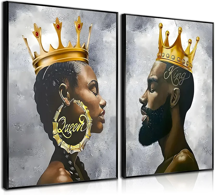 ZJJARTYB 2 Pcs African King and Queen Wall Art Black Couple Canvas Prints African American Love Poster Black Girl Black Man Wall Decor Painting for Living Room Bedroom Bathroom 12x16in Unframed