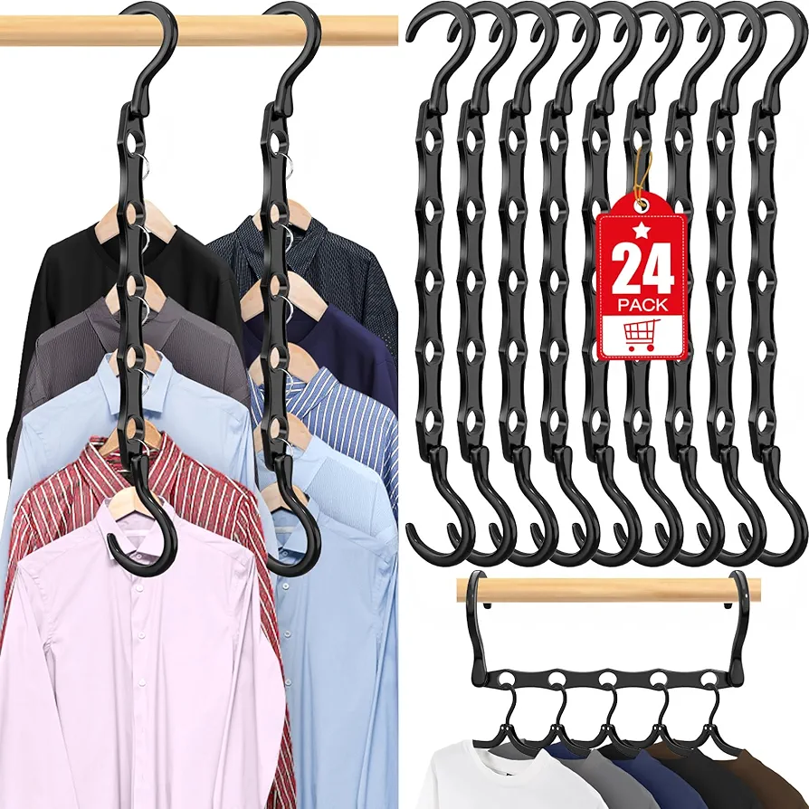 24 Pack Hangers Space Saving Magic Plastic Hanger Organizer Shirt Space Saving Hangers, Multi Clothes Hangers Space Saver for Closet Organizers Storage College Dorm Room Essentials, Black