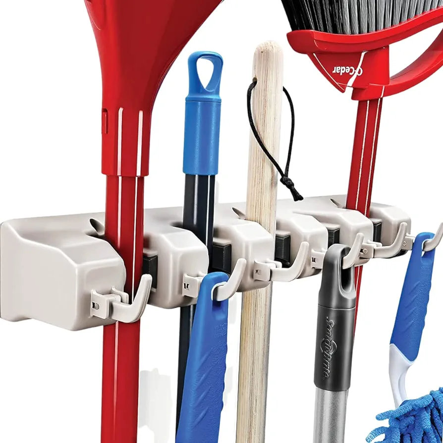 HOME IT Mop And Broom Holder - Garage Storage Systems with 5 Slots, 6 Hooks, 7.5lbs Capacity Per Slot - Garden Tool Organizer For 11 Tools - For Home, Kitchen, Closet, Laundry Room - Off-White