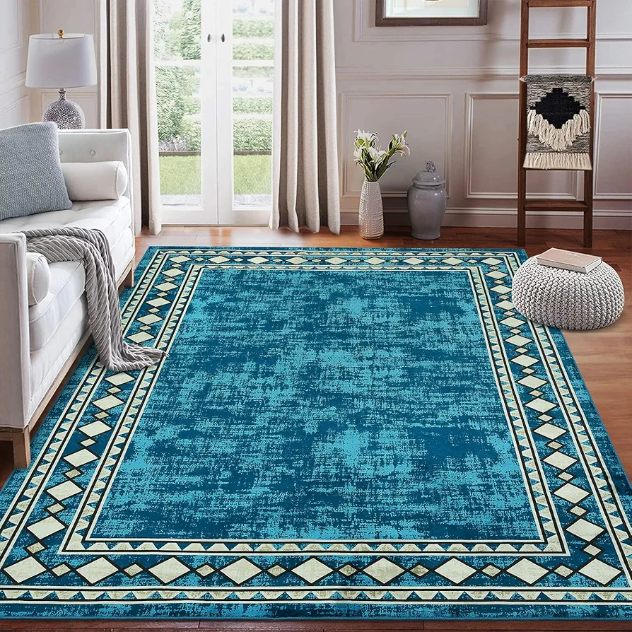 GAOMON 9x12 Area Rug Modern Bordered Machine Washable Area Rug for Living Room Bedroom Geometric Border Non-Slip Stain Resistant Accent Rug Carpet for Home Decor Floor Decoration, Teal