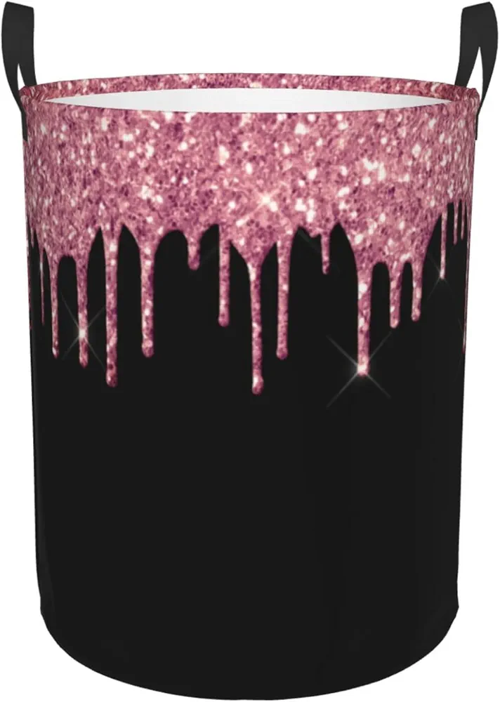 Black Blush Pink Dripping Glitter Sparkle Monogram Laundry Basket Waterproof Collapsible Round Laundry Hamper Toys Clothes Organizer Gift Basket For Room Small