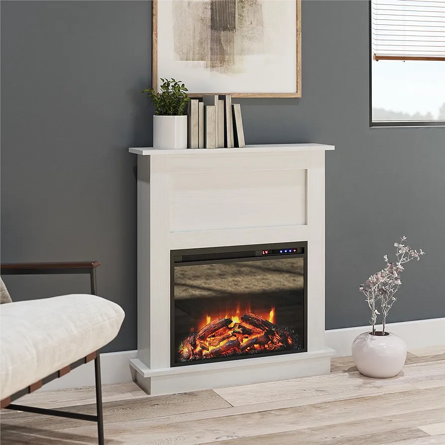 Ameriwood Home Ellsworth 32 Inch Electric Fireplace with Mantel, Replaceable Fireplace Insert Heater, Remote Control, Timer, Realistic Log and Flame Effect, For the Living Room or Bedroom, White