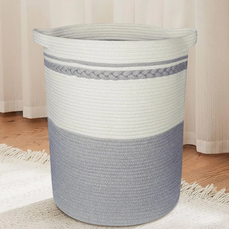 58L Large Woven Laundry Basket with Handles - Dirty Clothes Hamper for Laundry, Decorative Storage Basket for Living room, Bedroom, Organize Blankets Towels and Pillows(Grey and White).