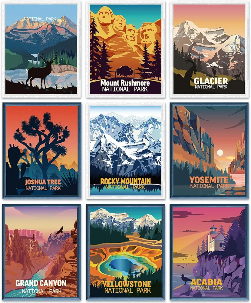 Outus 9 Pieces Vintage National Park Posters, National Park Art Prints Nature Wall Art and Mountain Print Set Abstract Travel Unframed for Hikers Campers Living Room Decor, 8 x 10 Inch(National Park)