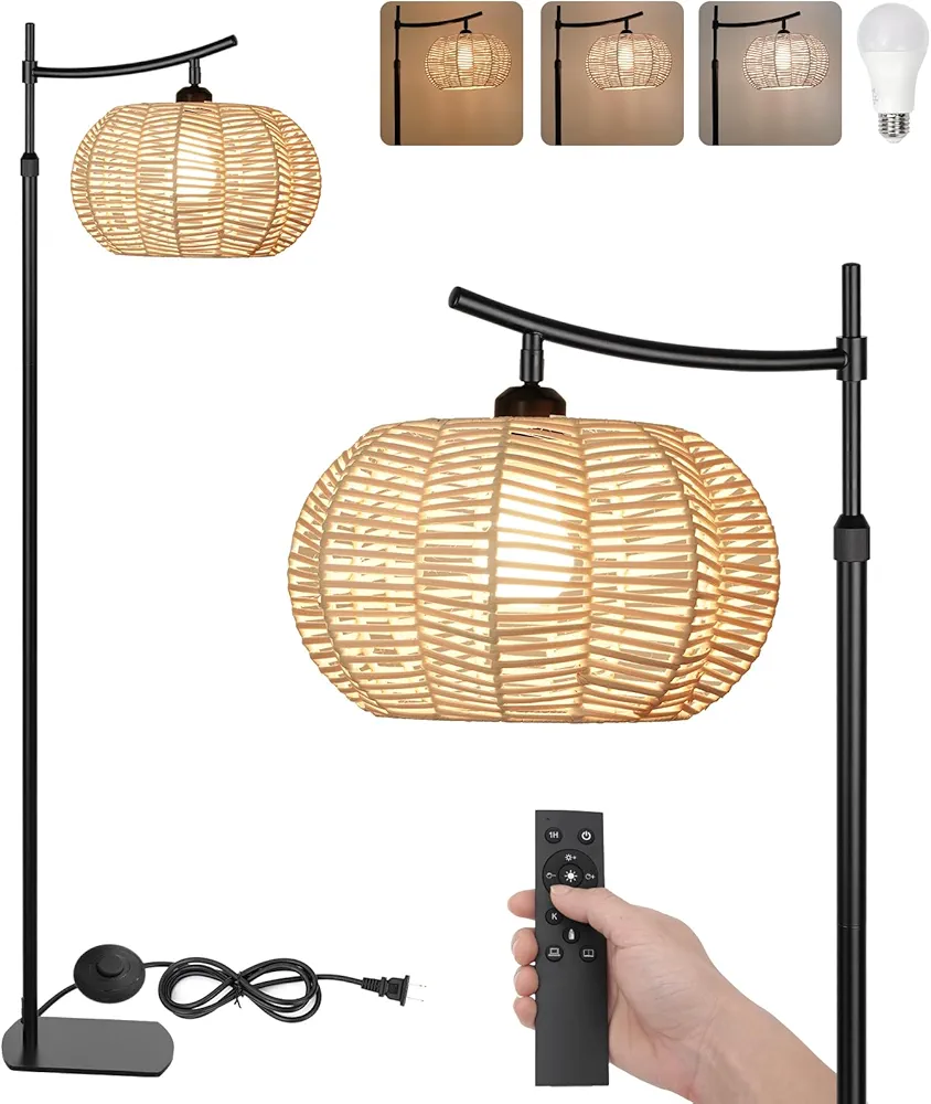 Arc Boho Farmhouse Black Floor Lamp, Standing Lamp with Rattan & Fabric Double Shade with Remote Control, Dimmable LED Bulb with 9 Color Temperature, Tall Pole for Living Room Bedroom Corner Office