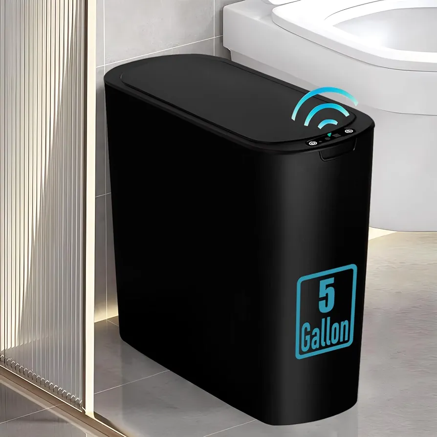 5 Gallon Motion Senor Bathroom Trash Can with Lid, Automatic Garbage Can Touchless, Smart Plastic Waste basket for Narrow Spaces, Bathroom, Office, Bedroom, Living Room (Black)