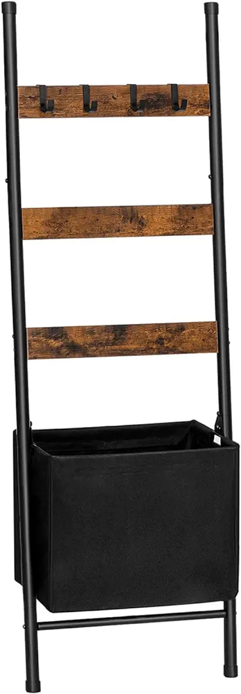 HOOBRO Blanket Ladder with Basket, 17.3”L x 63.4”H, Towel Rack with Hooks, Blanket Holder Rack, Decorative Ladder Shelf, Drying and Display Rack for Bathroom, Living Room, Rustic Brown BF31CJ01