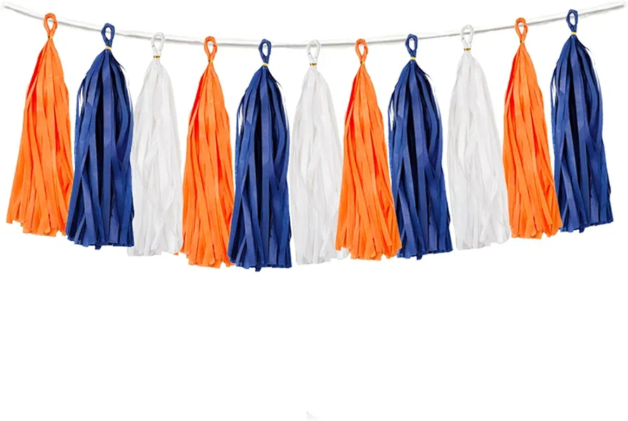 15PCS Navy Blue Orange White DIY Party Tassel Garland Paper Banner Streamer Backdrop for Graduation Astros Birthday Wedding Baby Shower Nursery Classroom Garland Tassel Hanging Decoration