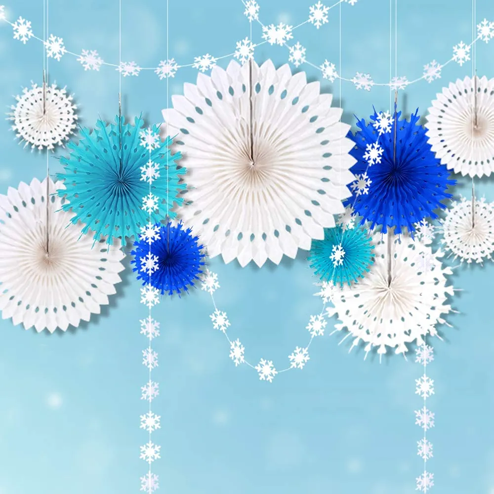 Decor365 Ice Blue Snowflake Party Decorations White Hanging Paper Fans Decor Snowflakes Garlands Backdrop Banner Streamers for Winter Wonderland Birthday/Christmas/Baby Shower/Wedding/Kids Room