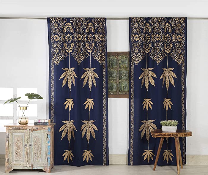 Popular Handicrafts Indian Hippie Bohemian Beautiful Gold Leaf Printed Window Door Drapery Curtain Bedroom Living Room Balcony Valance Panels Sheer Curtain Blue