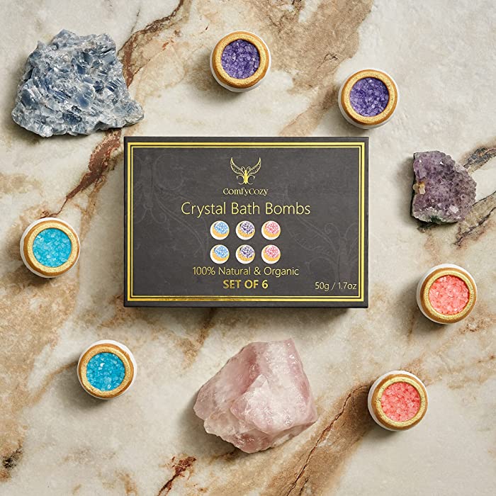 ComfyCozy Crystal Bath Bombs Luxury Gift Set | Relaxation Beauty Self Care Gifts for Her Women Mom Birthday Best Friend Men | 6*50g Organic Bathbombs | Relaxing Aromatherapy Essential Oils Spa Bubble