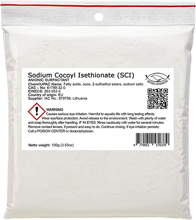 Sodium COCOYL ISETHIONATE (SCI) Powder - 100g | 3.53oz - Anionic, Foaming Surfactant - DIY Solid Shampoo Bars, Bath Bombs, Foamy and Bubbly Products