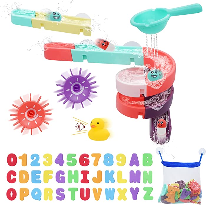 [63 Pcs]Kids Bath Toys for Toddlers 1 2 3 4 Years WOMGIOKA Foam Bath Letters & Numbers[Bath Ball Track][Bathtub Toy Slide]Bath Toys for Kids Ages 4-8 with Storage Organizer, Educational Fun Shower