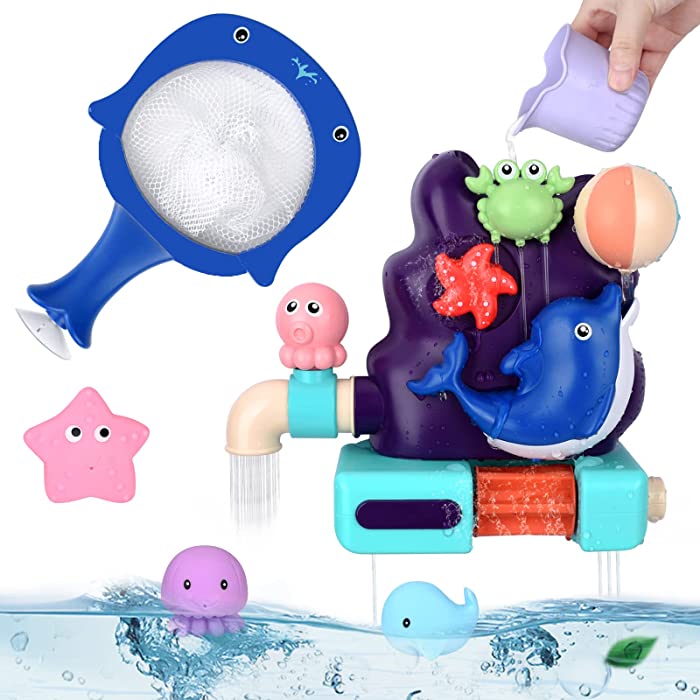 KunisJoy Bath Toys for Toddlers 1-3,Dolphin Waterfall Mold Free Baby Bathtub Toys,Bath Time Water Toys with Spinning Gear & Faucet,Holy Fun Bath Toy Set with Fishing Net Game,Pool Suction Cup Bath Toy