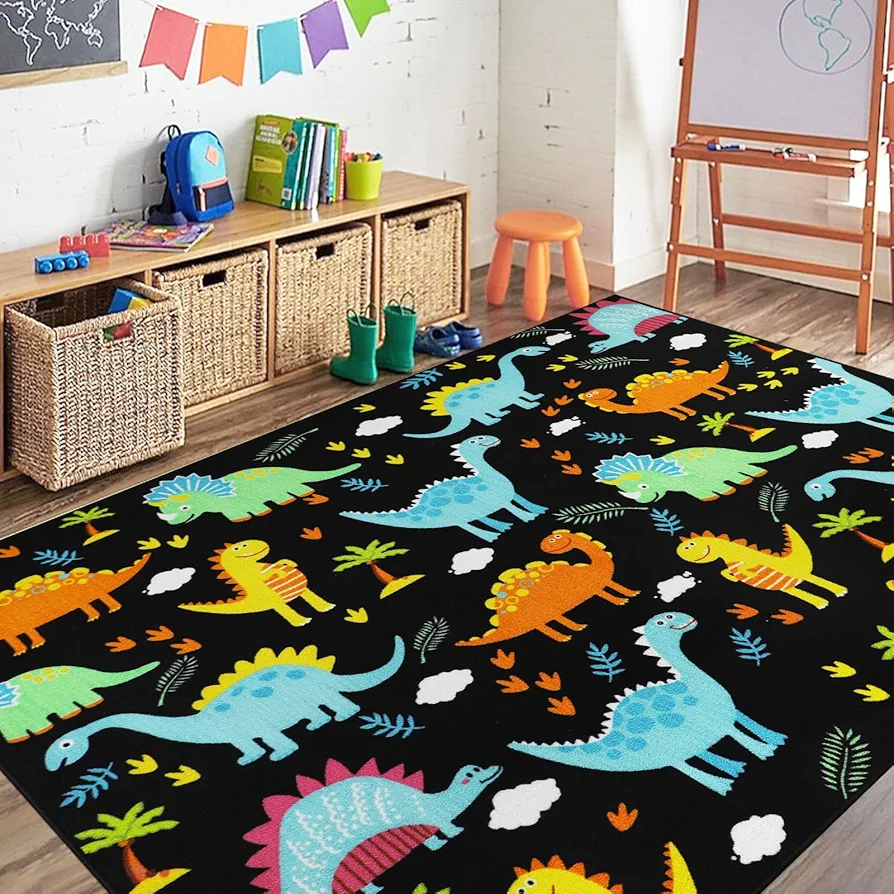 Capslpad Black Dinosaur Kids Play Rugs for Boys Bedroom Cute Cartoon Dinosaur Decor Kids Area Rug Non-Slip Washable Dinosaur Carpet Rugs for Kids Room,Playroom,Boys Bedroom,5'×6.6'