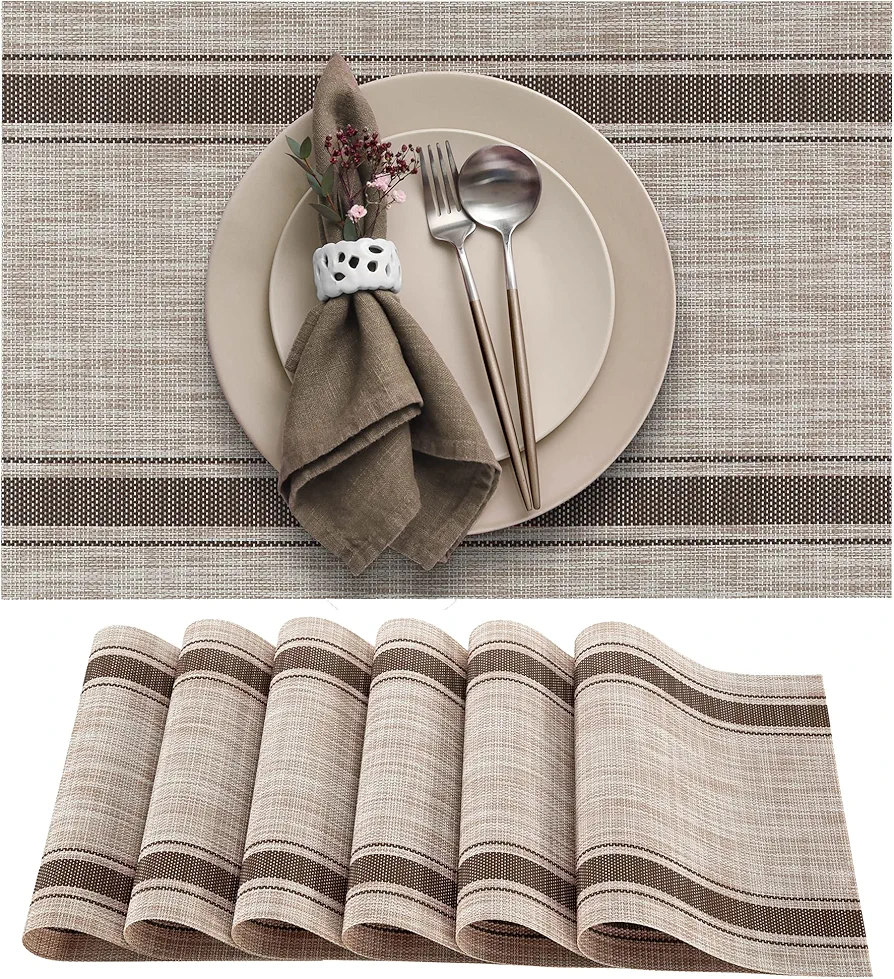 More Décor Dining Table Placemats, Washable Heat-Resistant PVC Vinyl Table Mats for Dining Room and Kitchen, Anti-Slip - Set of 4 - Horizontal Striped Bown - Beige