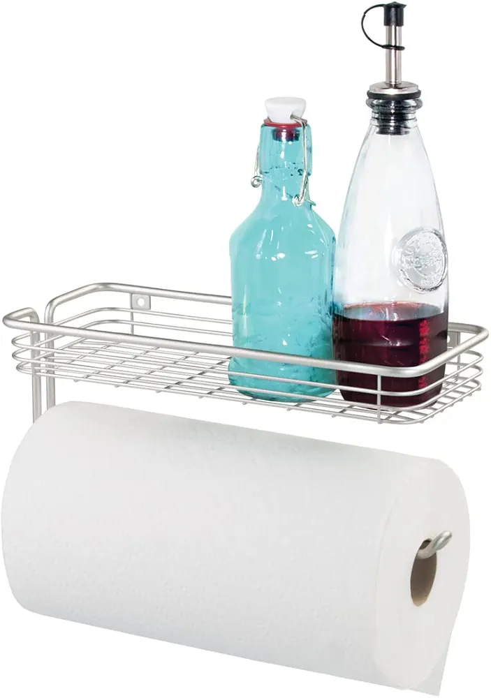 iDesign Classico Steel Wall Mounted Paper Towel Holder with Shelf Paper Towel Dispenser for Kitchen, Bathroom, Laundry Room, Garage, Office , Satin