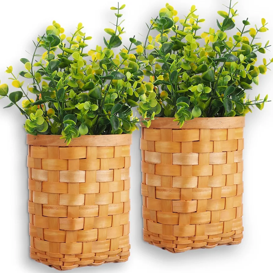 2 Pack Wall Hanging Wicker Basket with 4 Artificial Eucalyptus Wall Hanging Flower Basket Farmhouse Decor Hand Woven Basket Rustic Wall Decor for Porch Living Room Bedroom (Eucalyptus)