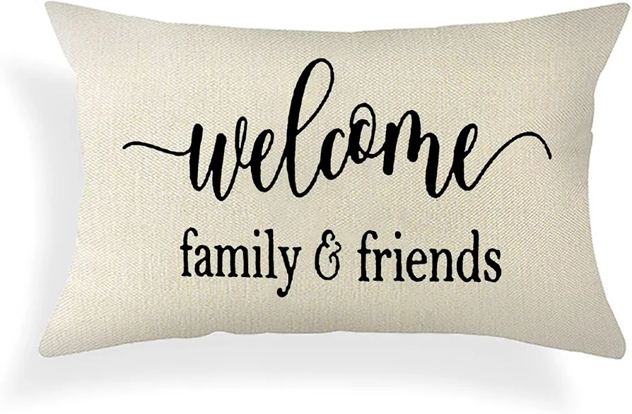 Farmhouse Pillow Covers with Welcome Family and Friends Quotes 12" x 20" Lumbar Pillow Covers Home Decorative Cotton Linen Cushion Case for Sofa Couch Housewarming Gifts Family Room Décor