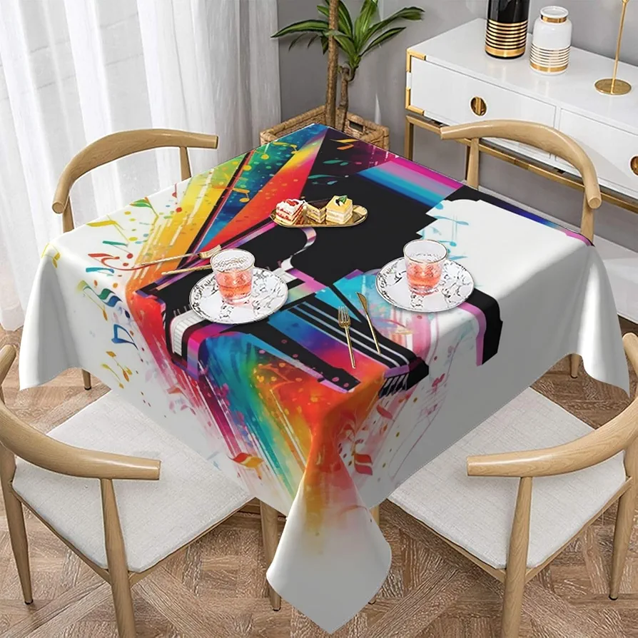 Colorful Piano Keyboard Music Print Tablecloth Waterproof Wrinkle Resistant Square Table Cover 54"X54" Washable Table Cloth for Indoor Outdoor Kitchen Dining Room Holiday Decorative