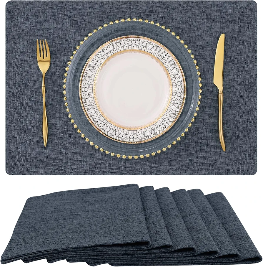 homing Charcoal Cloth Placemats Set of 6 – Cotton Linen Blend Washable Farmhouse Dining Table Mats for Indoors & Outdoors, Easy to Clean, 13x 19 Inch