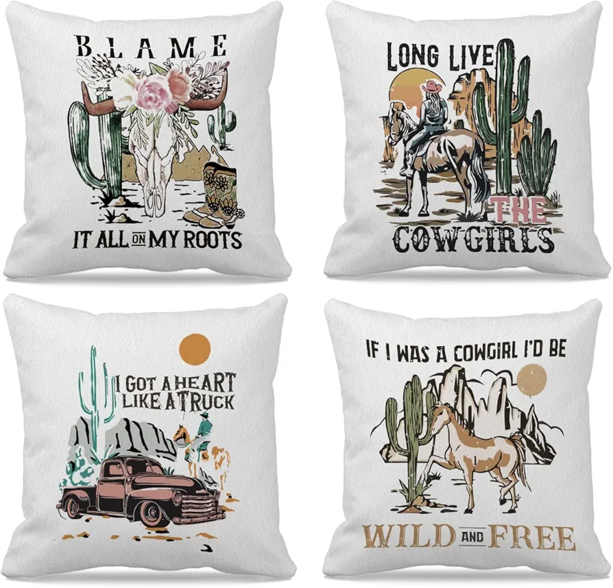 Retro Rustic Long Live Cowgirls Western Country Cowgirl Rodeo Bull Skull Cactus Decorative Throw Pillow Case for Western Home Bedroom Girls Room Dorm Decor,Gift for Teen Girls,18″×18″Set of 4