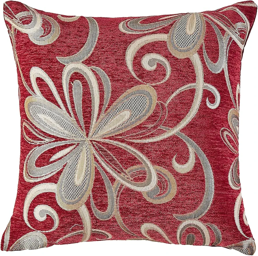 Chenille Chateau Vintage Floral Design 18" X 18" Decorative Cushion Cover, Color Burgundy