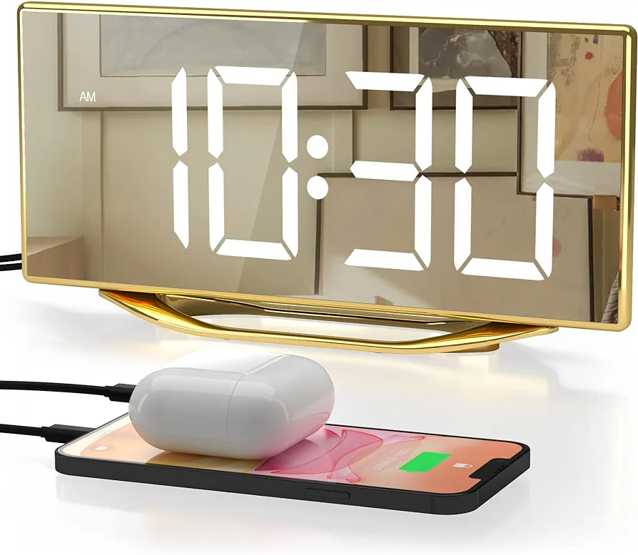 Alarm Clock for Bedroom, Modern Digital Clock for Living Room, 8.7" LED Mirror Alarm Clock with 2 USB Charger,Snooze,12/24H,7 Adjustable Dimmer & Volume Aesthetic Bedside Clock for Teens Kids Adults